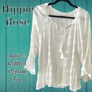 HIPPIE ROSE Ruffled Sleeve Split Neckline w/Tie Long Peplum Top-Ivory/XL/NWT